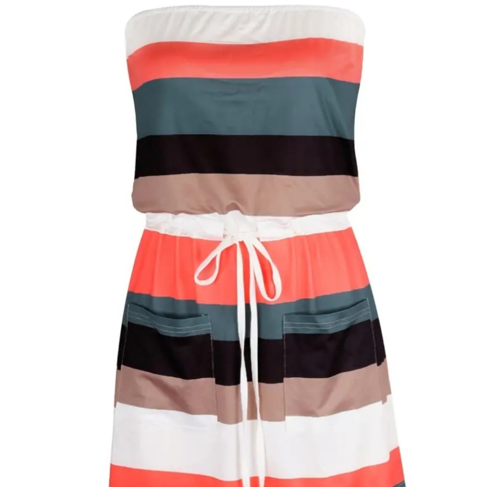 Striped Off Shoulder Dress, Casual Drawstring PocketsVacation Mini Dress, Womens - Picture 3 of 5